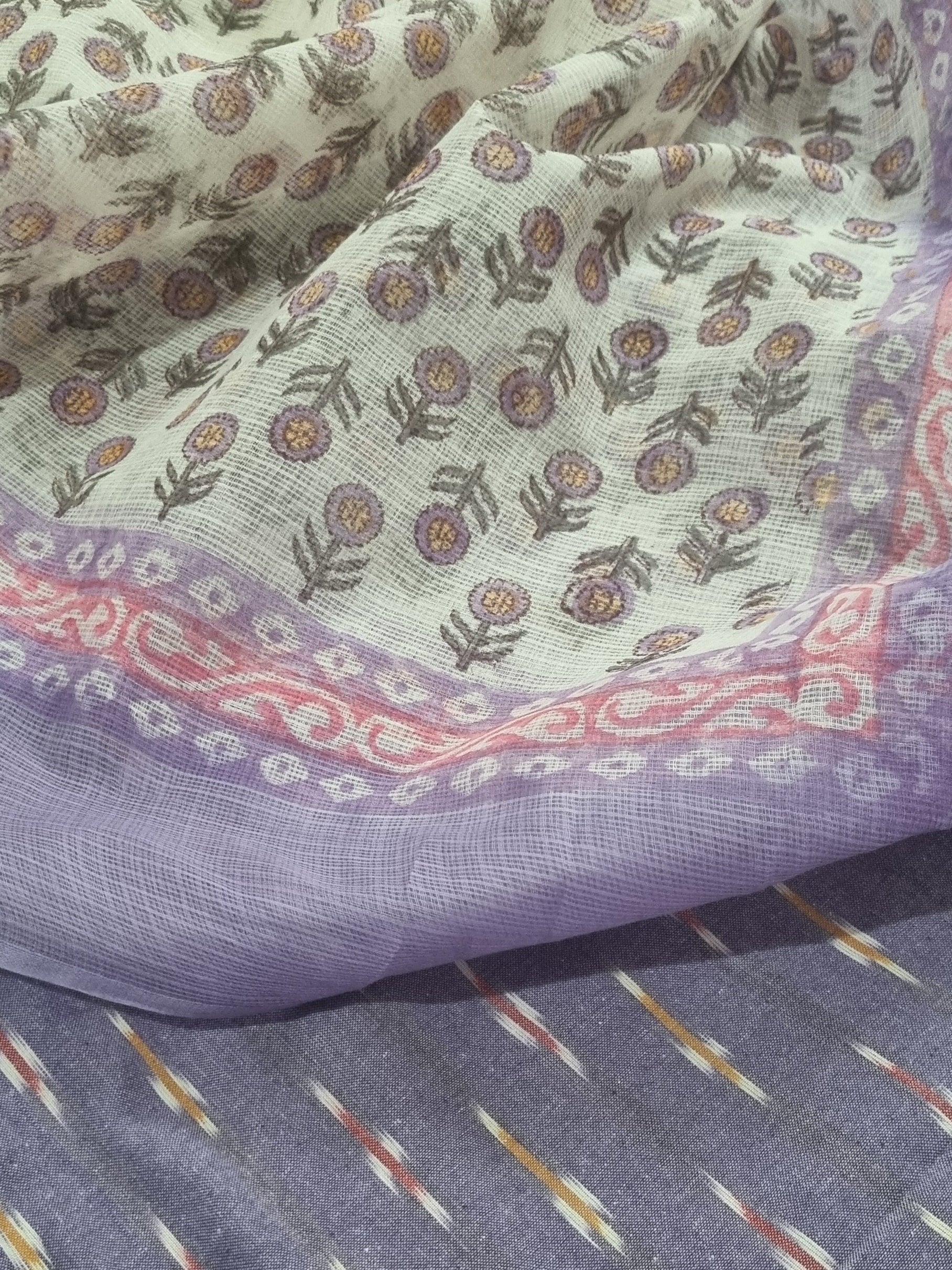 Unstitched ikat salwar kameez with Kota dupatta – purple cream, full drape view