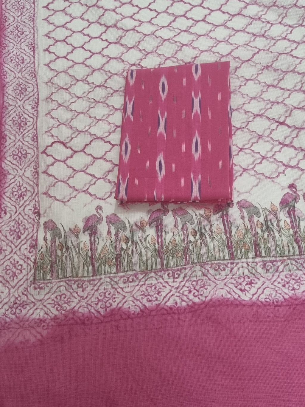 Pink  ikat unstitched suit set with Kota dupatta – front view