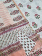 Placement block print cotton unstitched suit set with Chanderi silk dupatta – flat lay