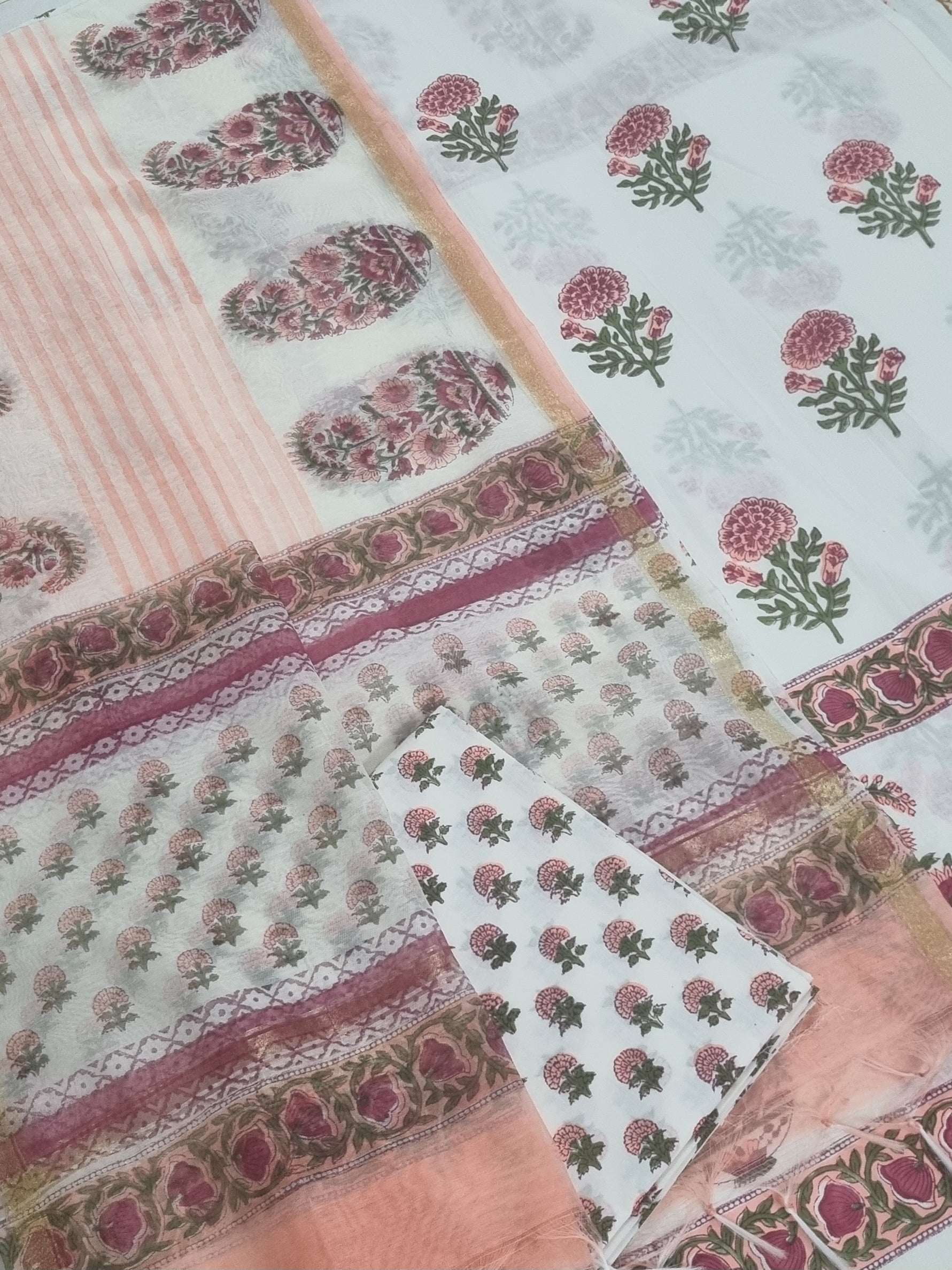 Placement block print cotton unstitched suit set with Chanderi silk dupatta – flat lay