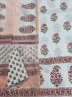 Placement Block Print Cotton 3-Piece Unstitched Suit | Chanderi Silk Dupatta | Indian Handloom