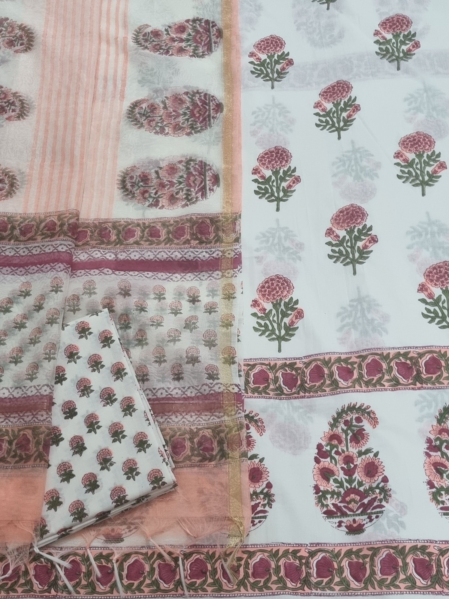 Placement Block Print Cotton 3-Piece Unstitched Suit | Chanderi Silk Dupatta | Indian Handloom