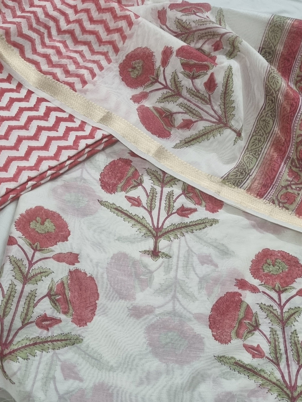 3-Piece Unstitched Suit Set with Chanderi Silk Dupatta – Mughal Block Print