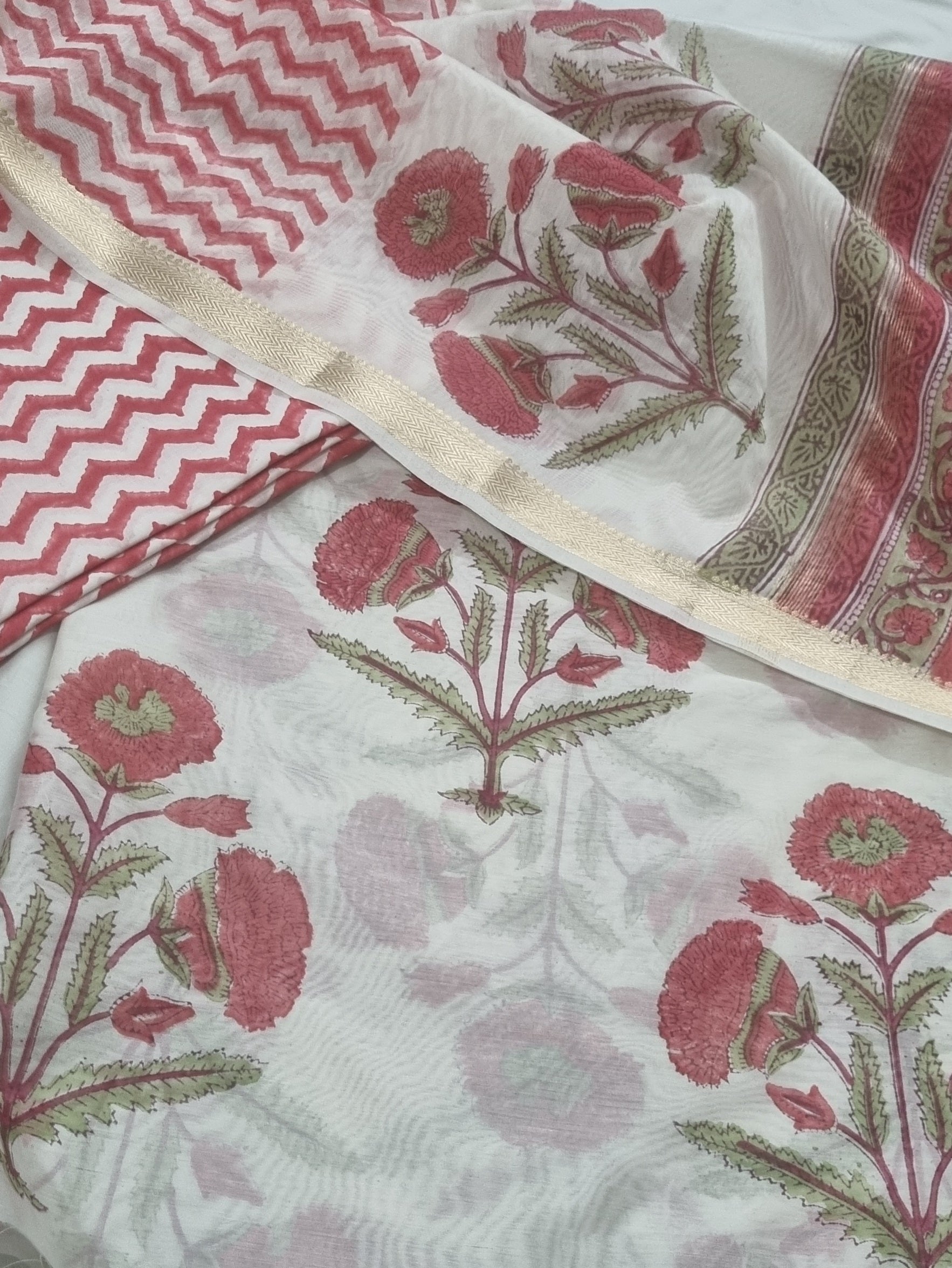3-Piece Unstitched Suit Set with Chanderi Silk Dupatta – Mughal Block Print
