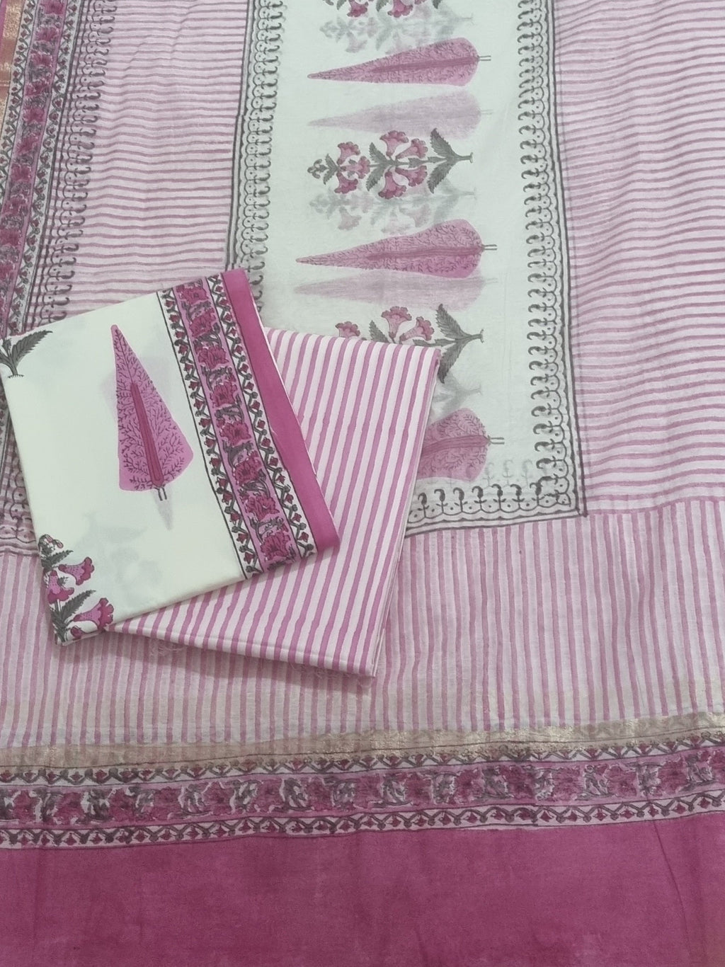 Cotton 3-Piece Unstitched Suit with Mughal Block Print – Cream Pink Green – Front View – Indian Handloom