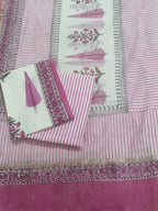 Cotton 3-Piece Unstitched Suit with Mughal Block Print – Cream Pink Green – Front View – Indian Handloom