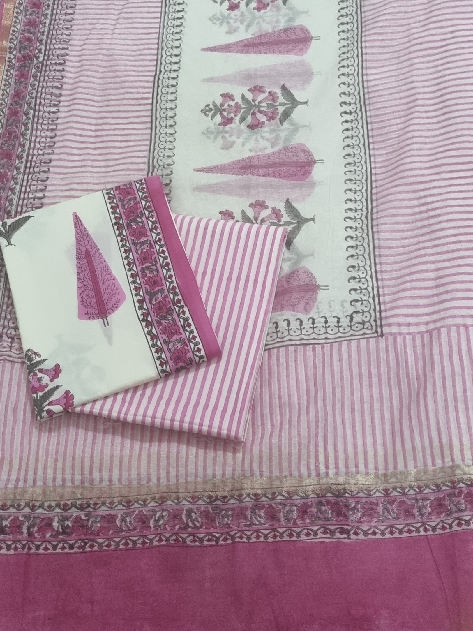 Cotton 3-Piece Unstitched Suit with Mughal Block Print – Cream Pink Green – Front View – Indian Handloom