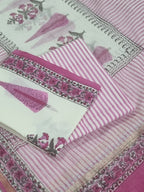 Chanderi Silk Dupatta with Floral Mughal Block Print – Cream Pink Green – Indian Handloom