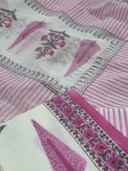 Floral Block Print Kurta Fabric – Cream Pink Green – Close-up Texture Detail – Indian Handloom