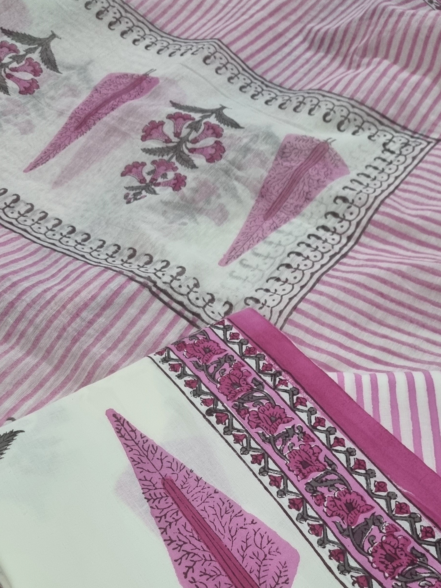 Floral Block Print Kurta Fabric – Cream Pink Green – Close-up Texture Detail – Indian Handloom