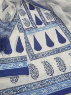 White and blue placement block print cotton unstitched suit with Kota Doria dupatta – front flat lay