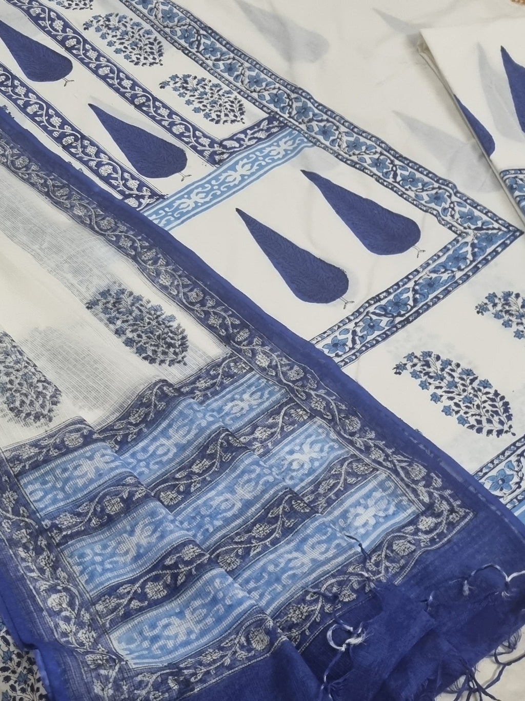 Blue Gulmohar block print cotton kurta fabric with Kota Doria dupatta – fabric detail