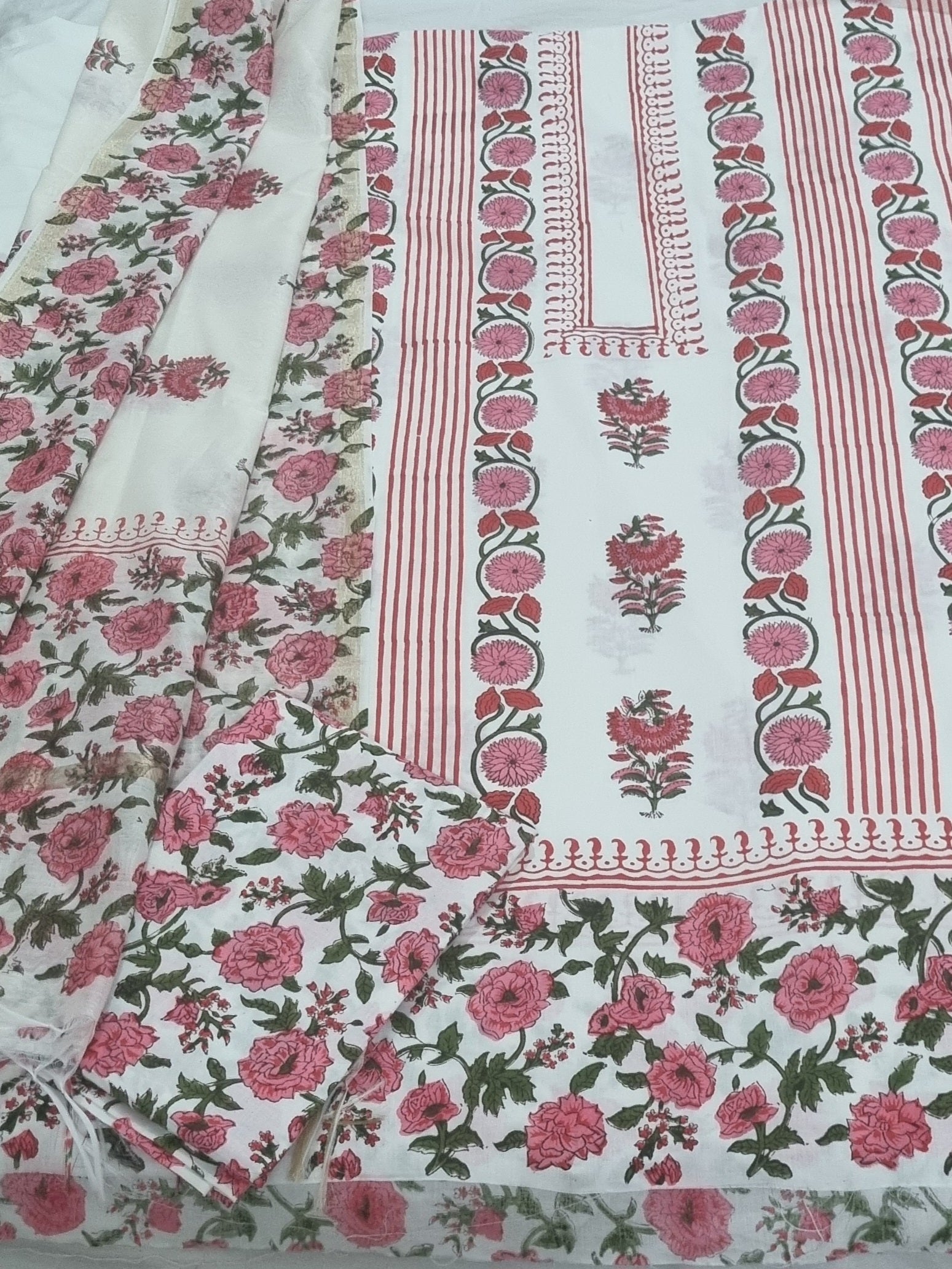 Indian handloom placement floral print kurta fabric – front pose