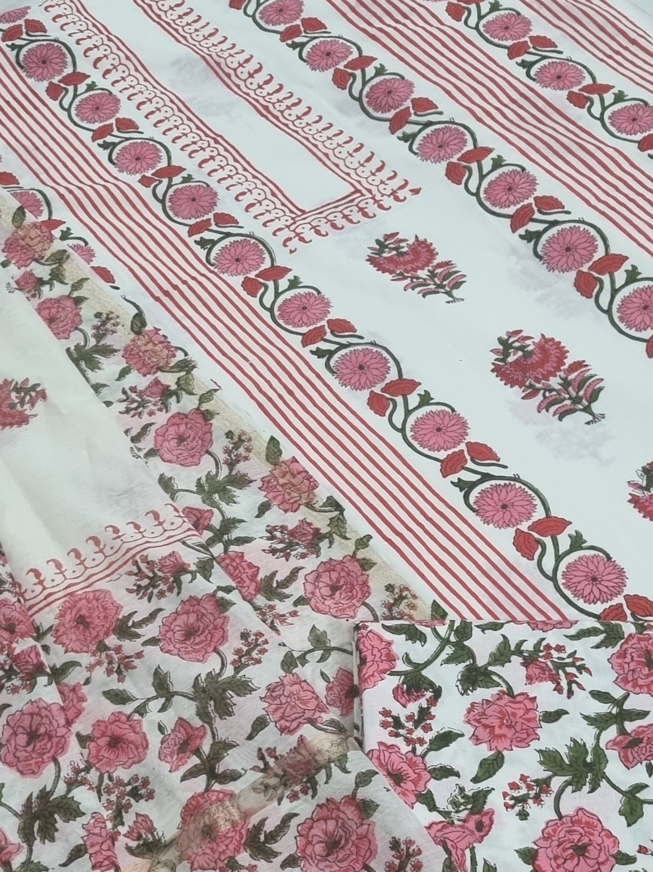 Placement Floral Block Print Cotton 3-Piece Unstitched Suit | Chanderi Silk Dupatta