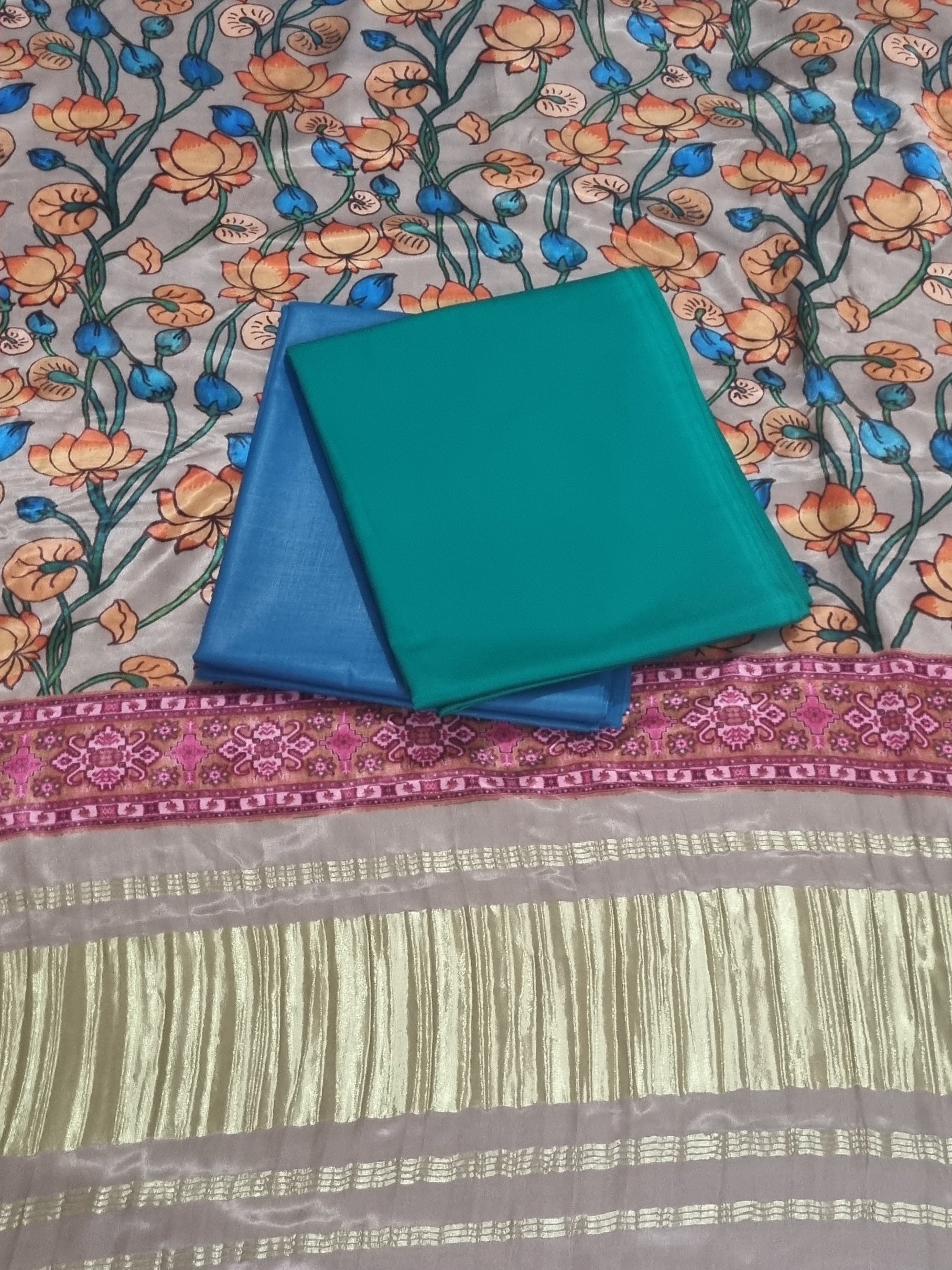 Peacock green and turquoise 3-piece unstitched suit set with Gajji Silk Kalamkari dupatta – flat lay