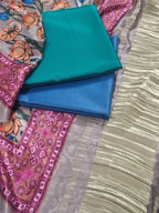 Peacock green turquoise unstitched salwar suit set in cotton silk – fabric close-up