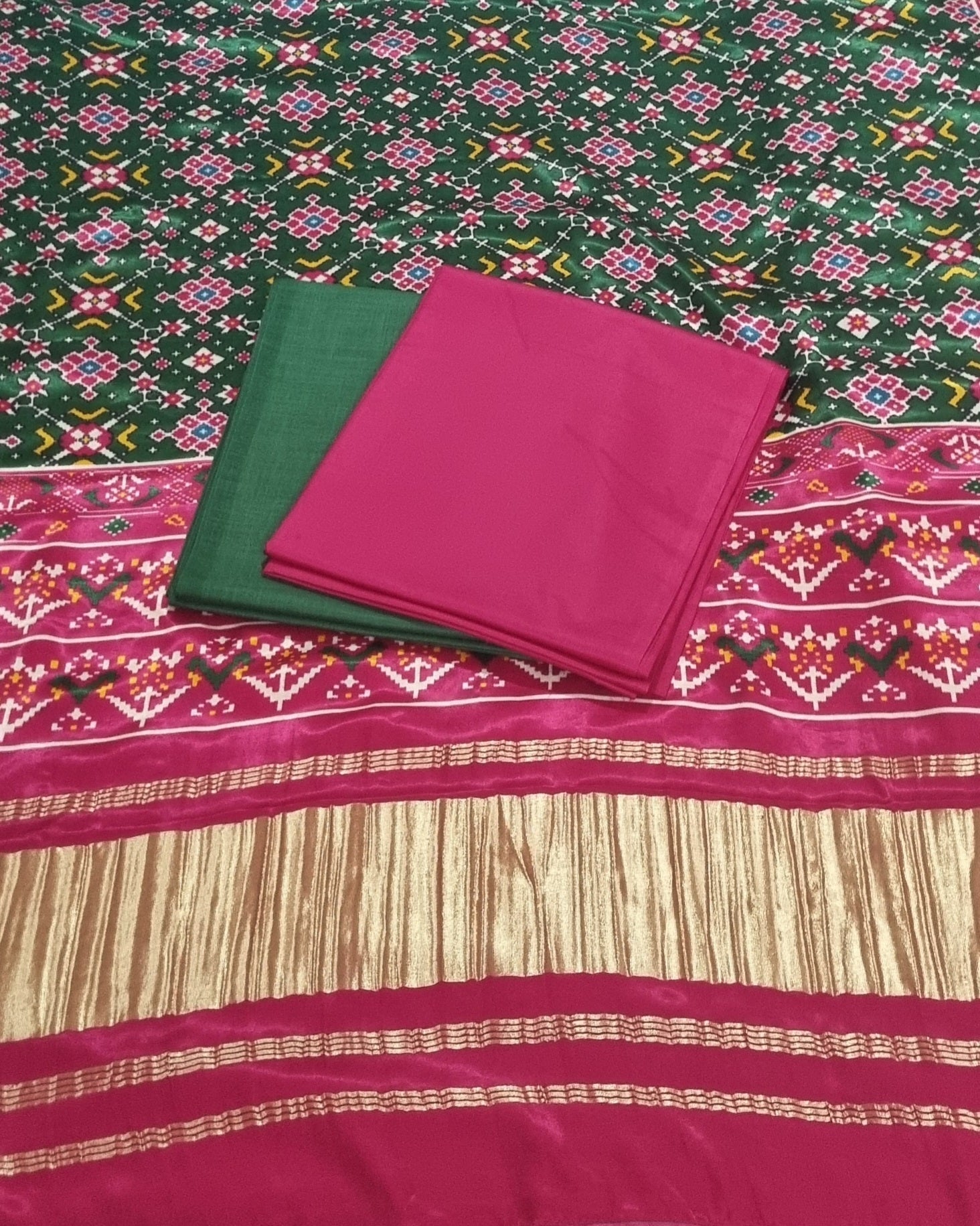 Close-up of pink and green cotton silk fabric – 3-piece unstitched suit set by Tantuvanacrafts