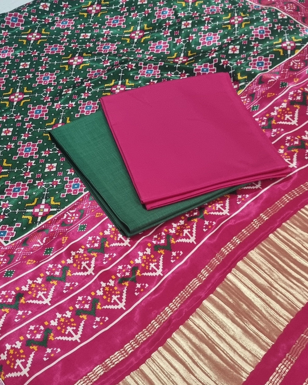 Pink and green Patola print dupatta with cotton silk suit material – ethnic wear