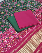 Pink and green Patola print dupatta with cotton silk suit material – ethnic wear