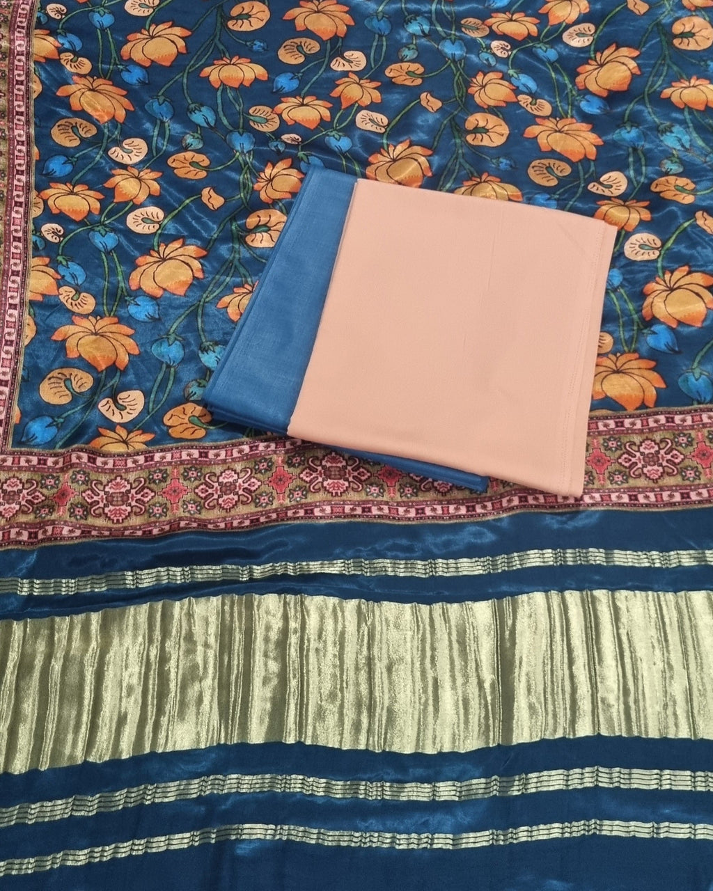 Kalamkari print Gajji Silk dupatta with peach and turquoise cotton silk suit material – detail shot