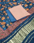 Peach and turquoise 3-piece unstitched suit set with Gajji Silk Kalamkari dupatta – flat lay