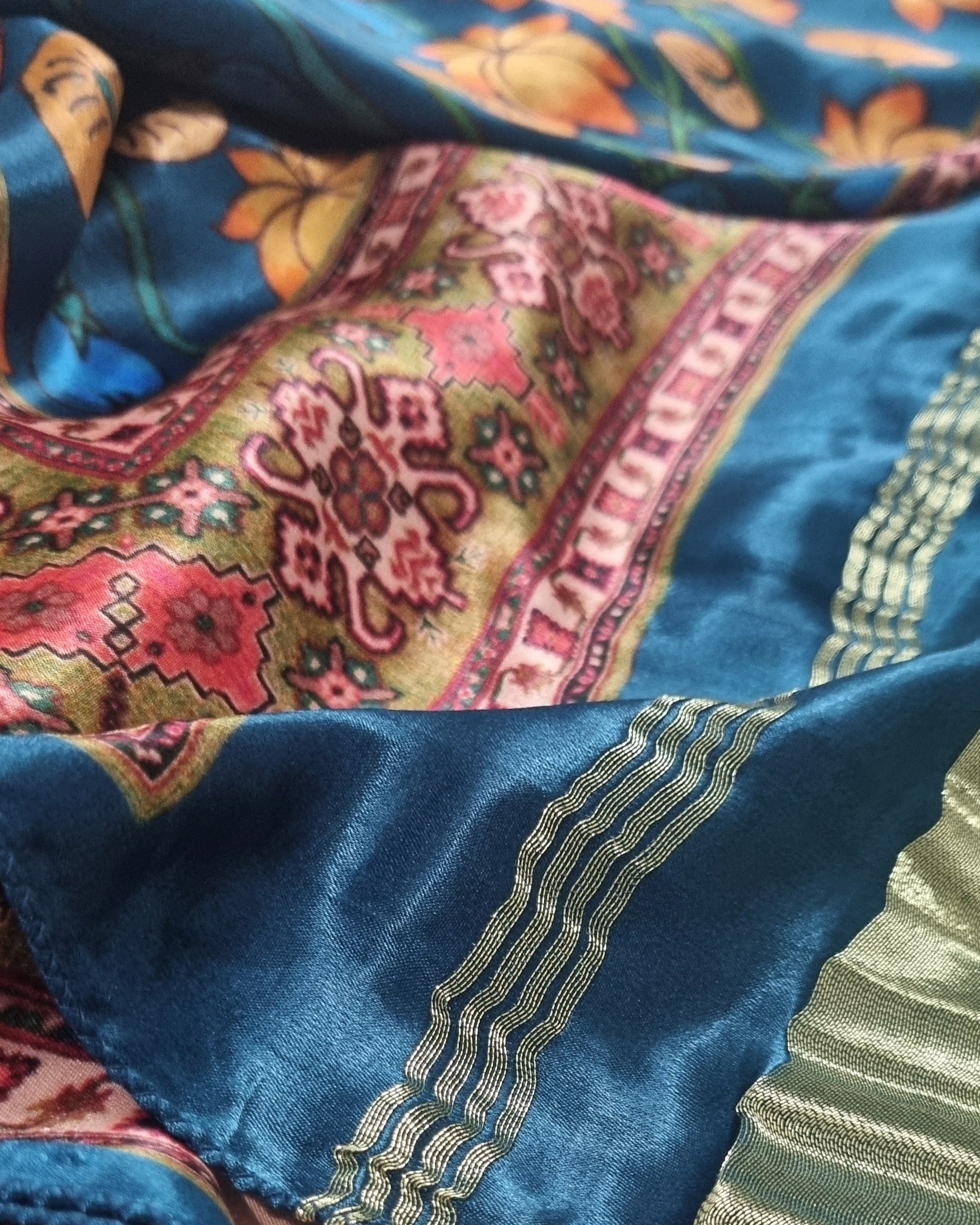 Peach & Turquoise Cotton Silk 3-Pc Unstitched Suit Set with Gajji Silk Kalamkari Print Dupatta