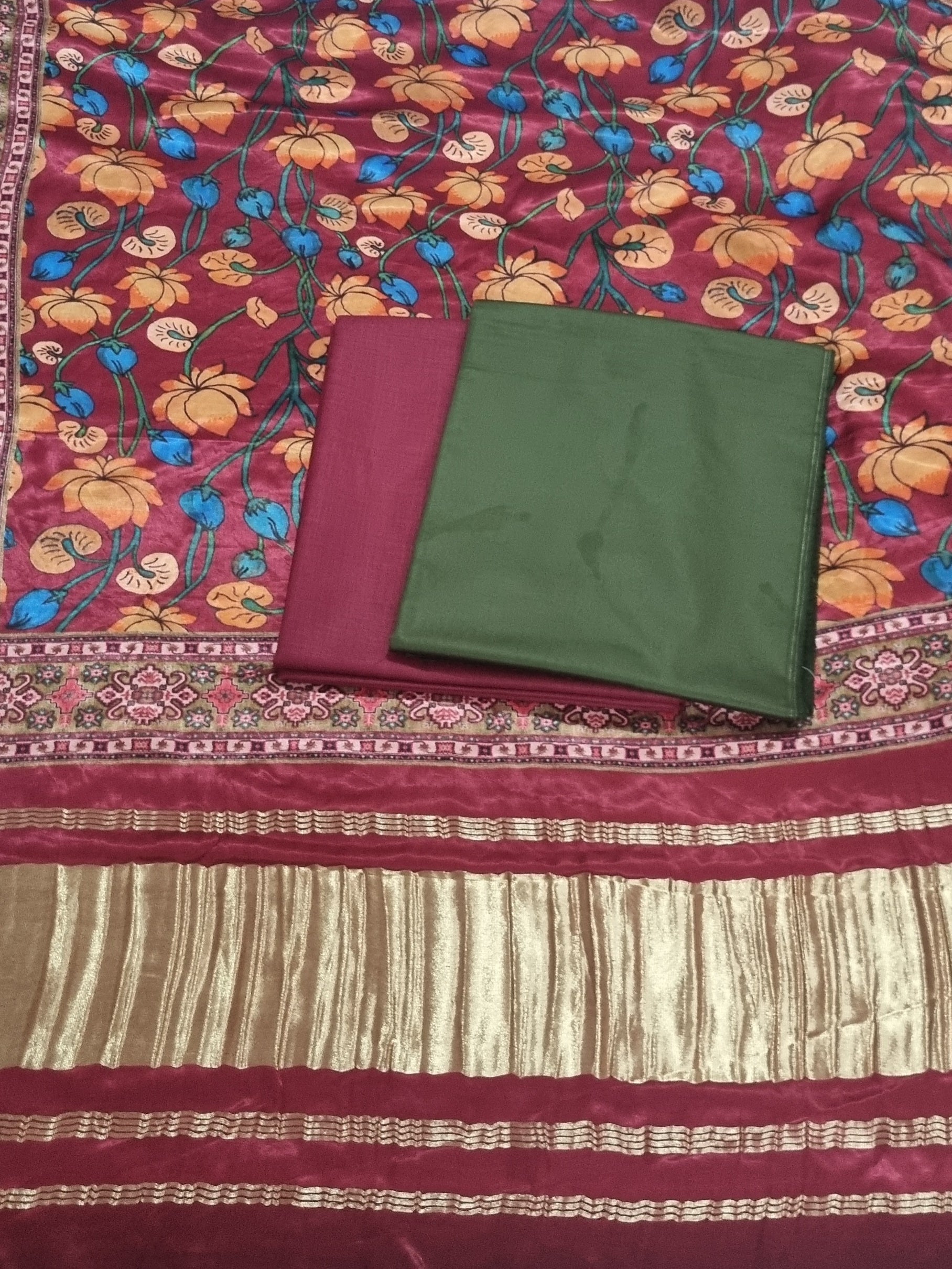 Green maroon unstitched salwar suit set in cotton silk – fabric close-up