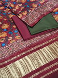 Kalamkari print Gajji Silk dupatta with green and maroon cotton silk suit material – detail shot