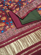Kalamkari print Gajji Silk dupatta with green and maroon cotton silk suit material – detail shot