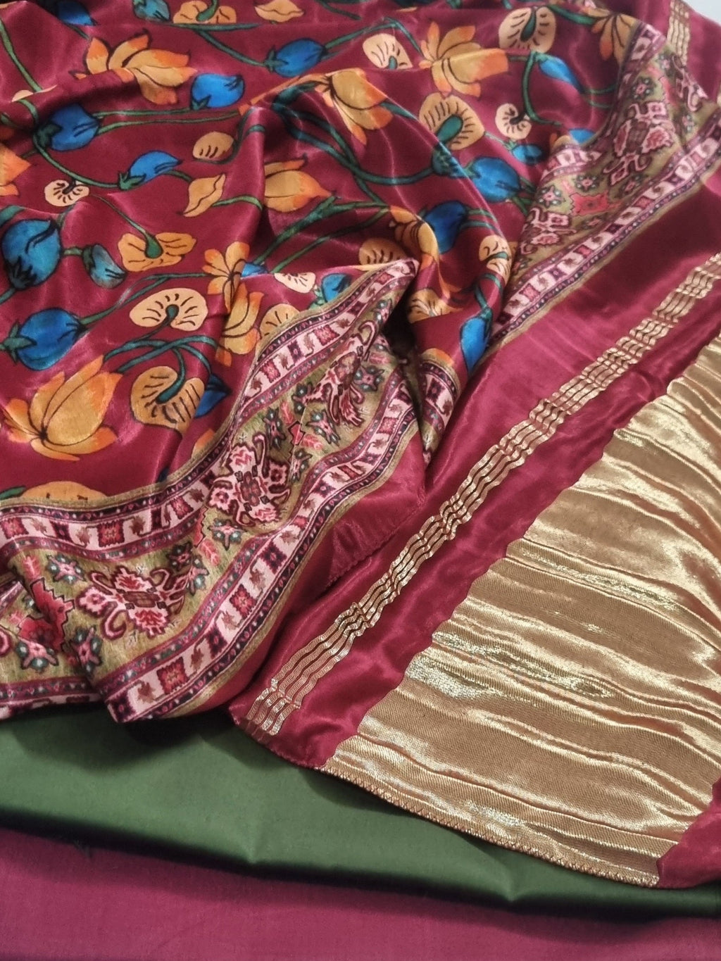 Handloom cotton silk suit set with Kalamkari dupatta – drape detail