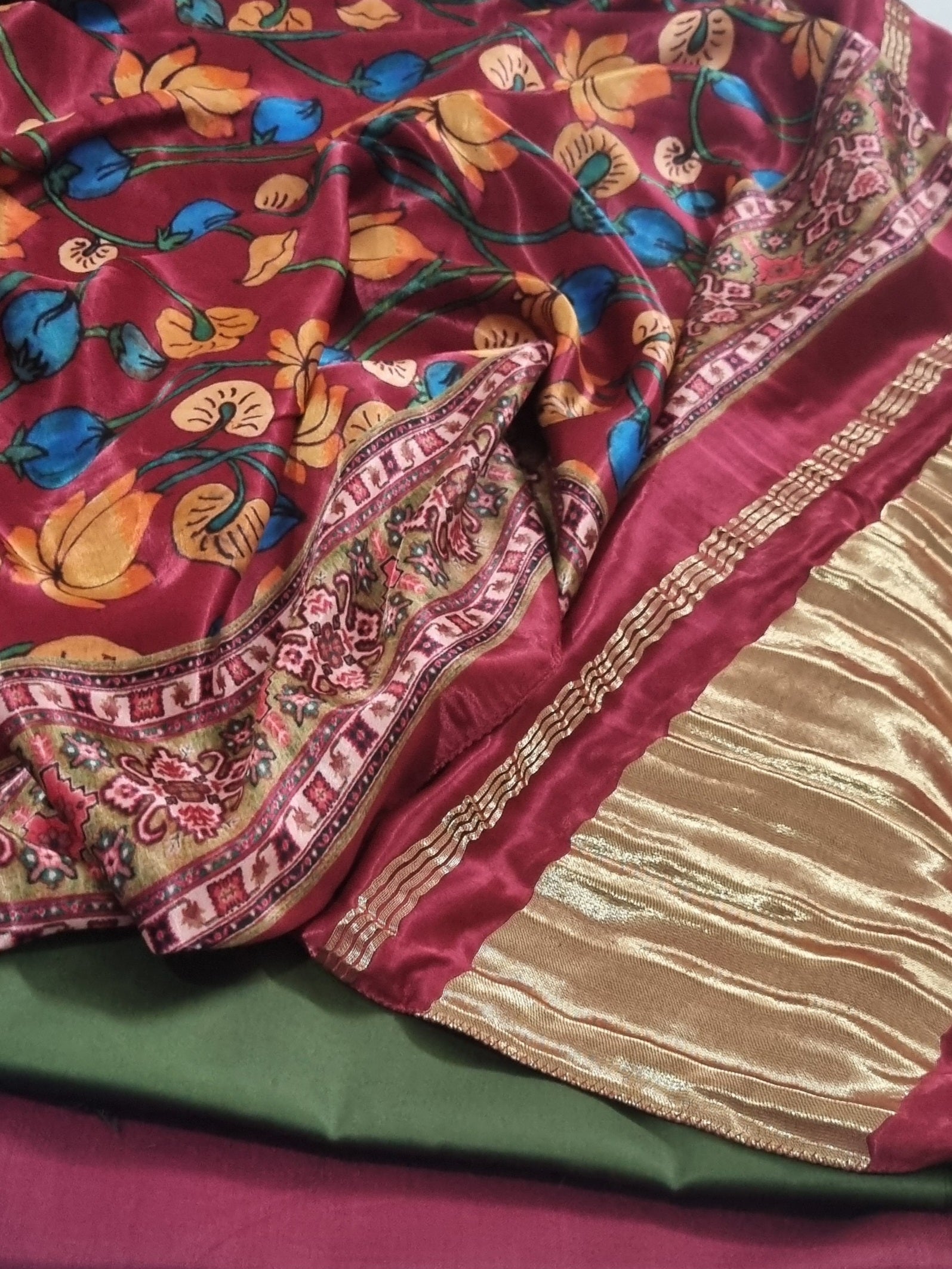 Handloom cotton silk suit set with Kalamkari dupatta – drape detail