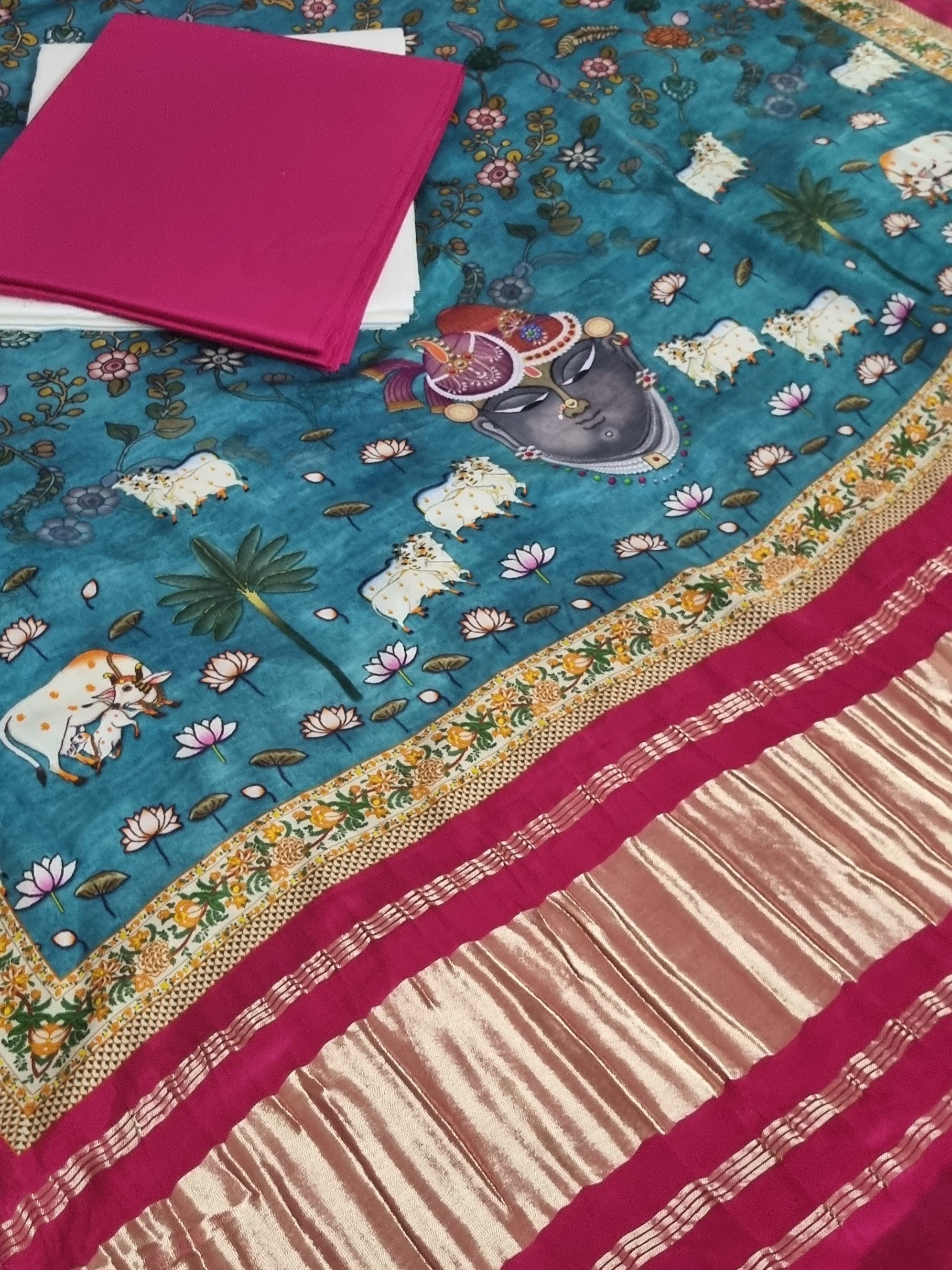 Unstitched cotton silk suit set with Gajji Silk dupatta – fabric close-up