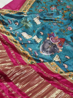 Pink off white handloom suit set with Pichwai print dupatta – drape detail