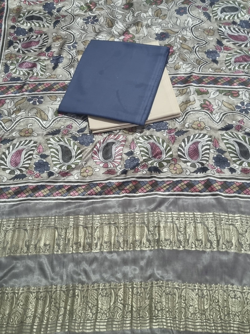 Charcoal grey beige-gold unstitched salwar suit set in cotton silk – fabric close-up