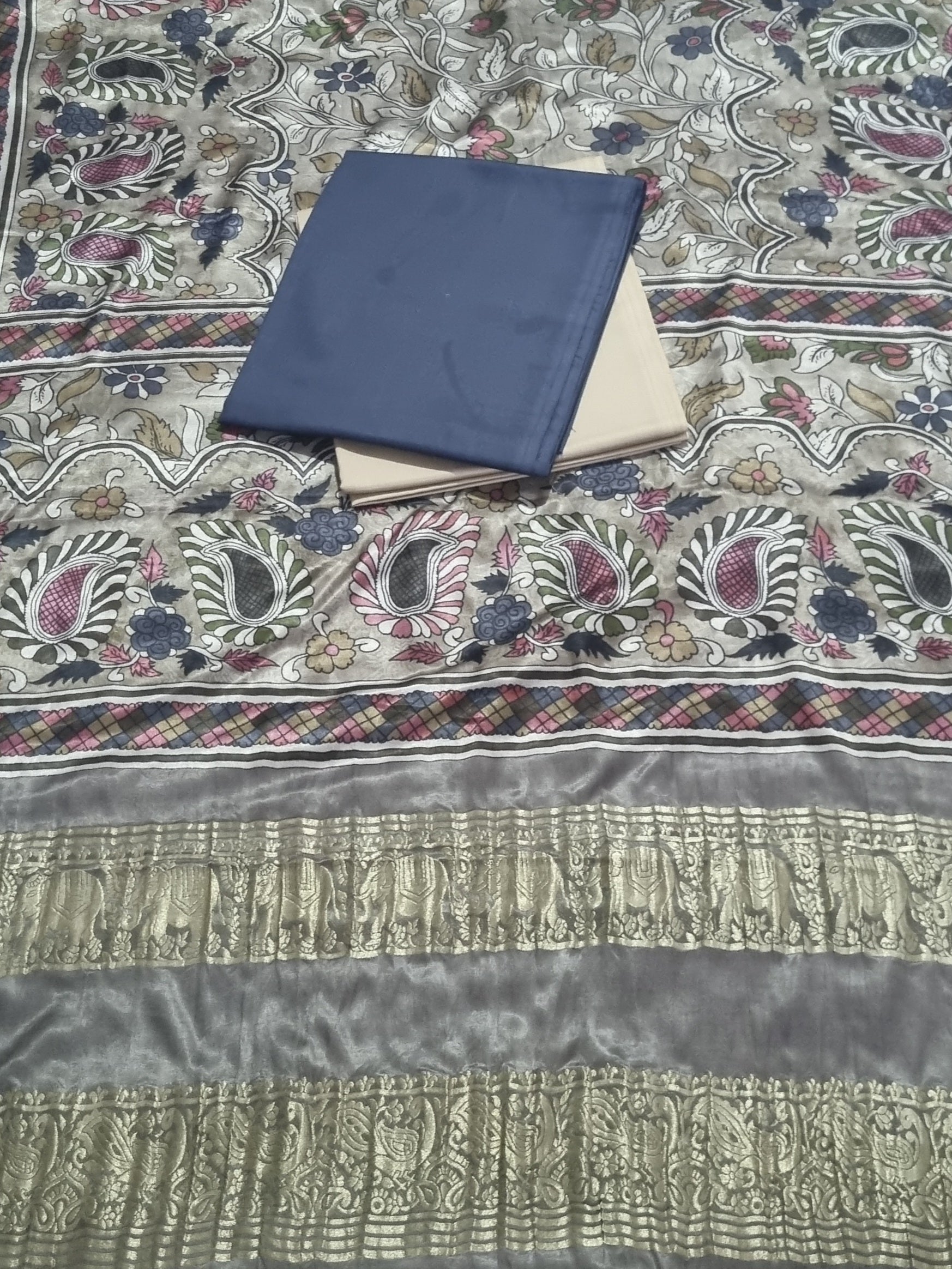 Charcoal grey beige-gold unstitched salwar suit set in cotton silk – fabric close-up