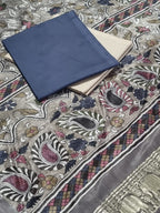 Charcoal grey and beige-gold 3-piece unstitched suit set with Gajji Silk Kalamkari dupatta – flat lay