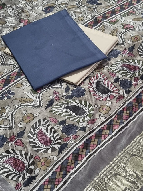 Charcoal grey and beige-gold 3-piece unstitched suit set with Gajji Silk Kalamkari dupatta – flat lay