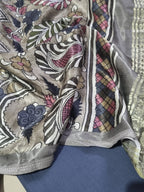 Handloom cotton silk suit set with Kalamkari dupatta in charcoal grey and beige-gold – drape detail