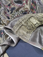 Gajji Silk Kalamkari print dupatta with charcoal grey cotton silk unstitched suit – styled look