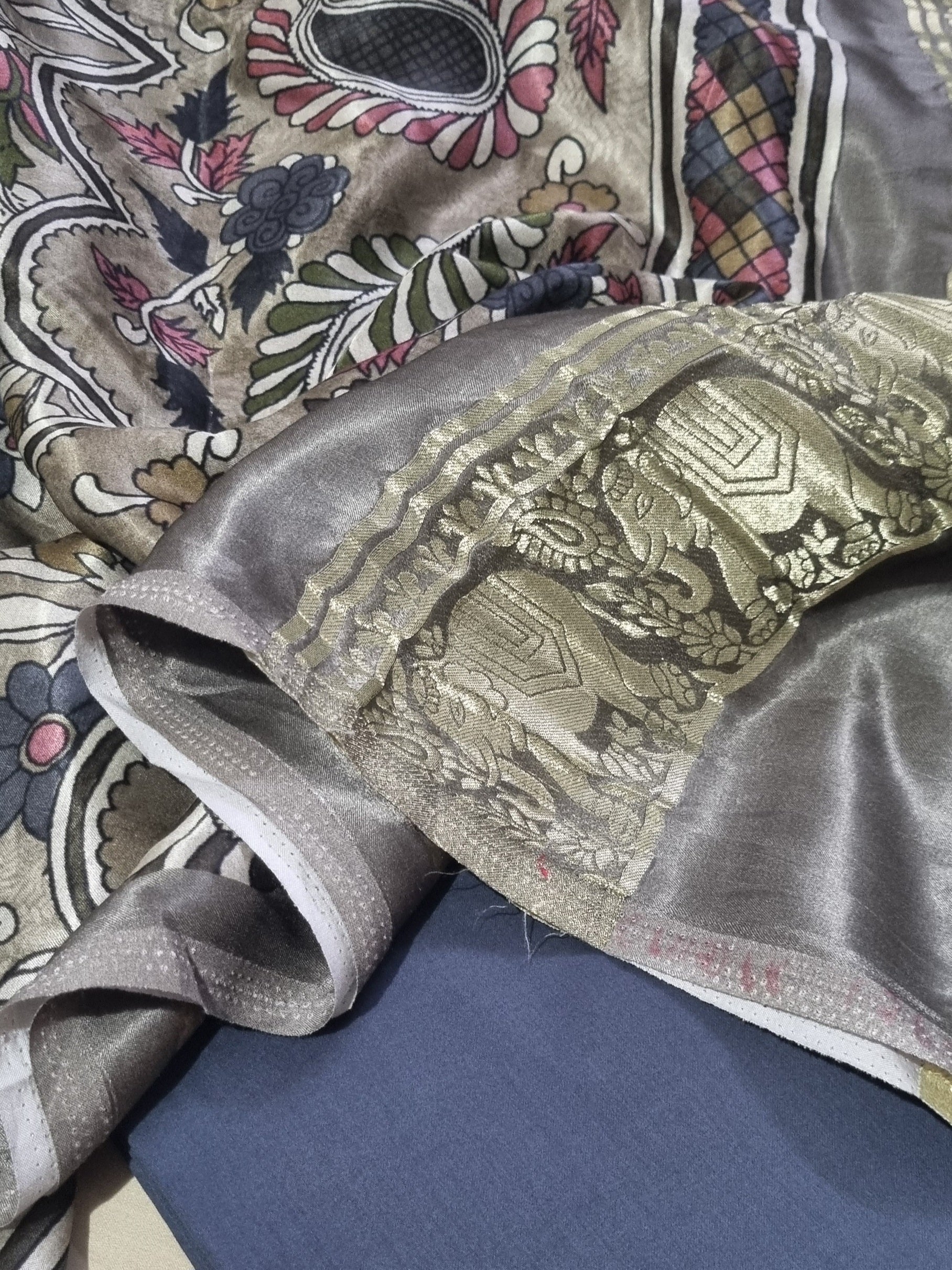 Gajji Silk Kalamkari print dupatta with charcoal grey cotton silk unstitched suit – styled look