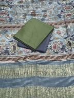 Kalamkari print Gajji Silk dupatta with forest green and beige-gold cotton silk suit material – detail shot