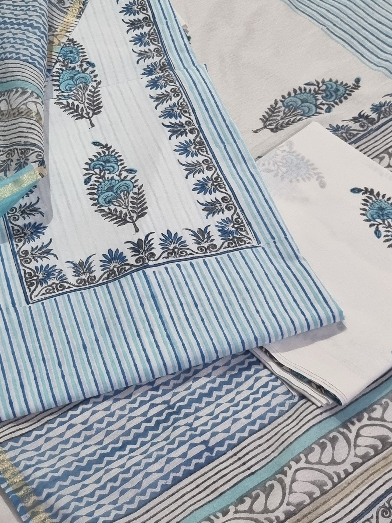 Placement block print cotton 3-piece unstitched suit – full length view