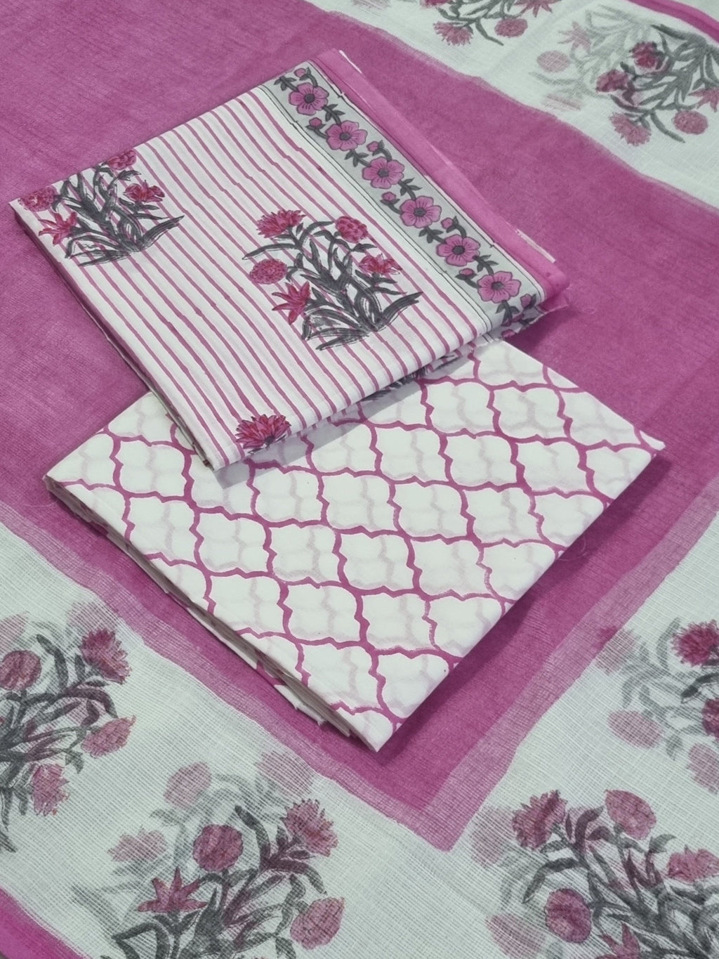 Indian handloom block print suit fabric detail – cream and pink Kota Doria