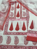 Placement block print cotton unstitched suit with Kota Doria dupatta – front flat lay