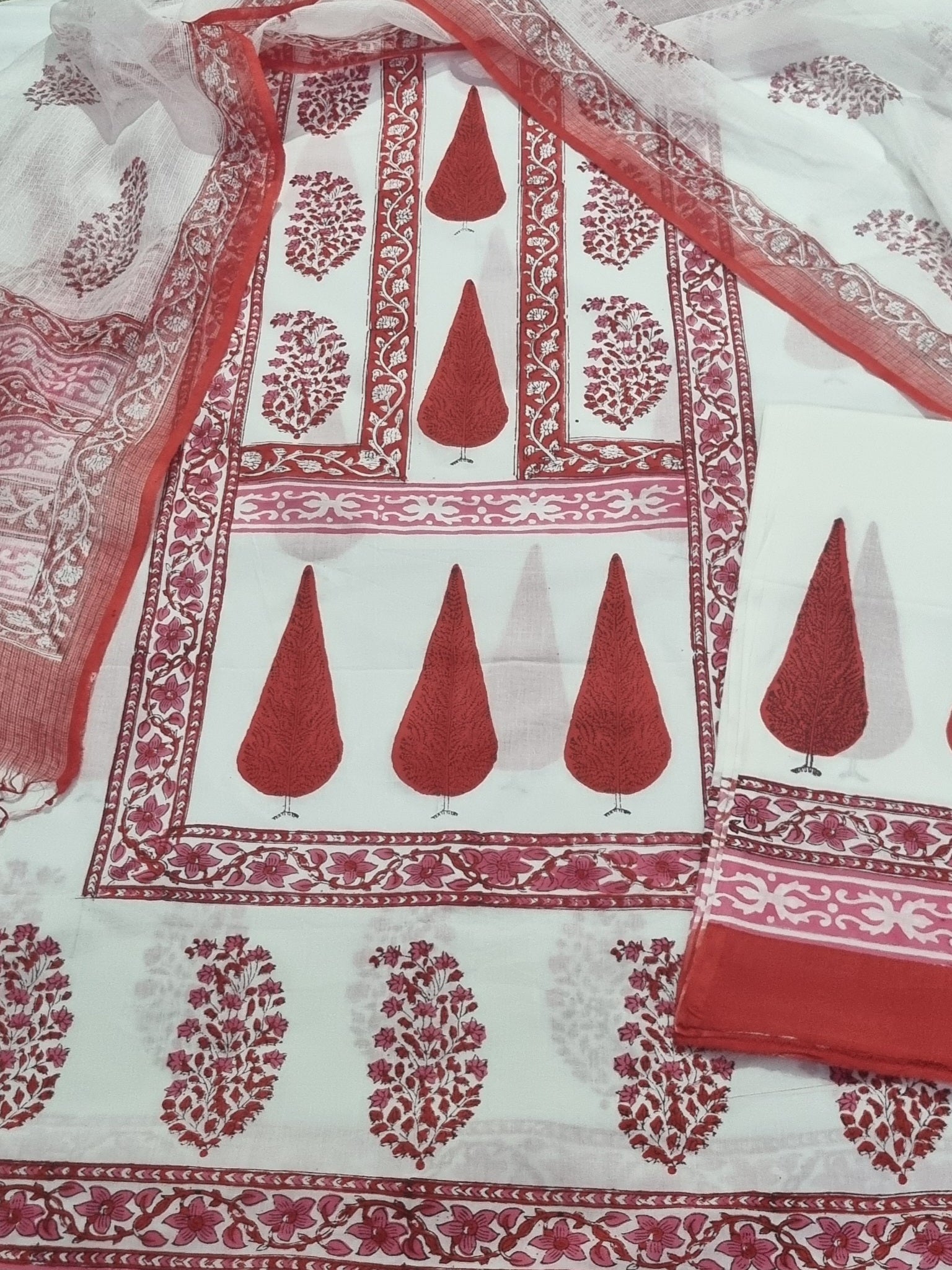 Placement block print cotton unstitched suit with Kota Doria dupatta – front flat lay