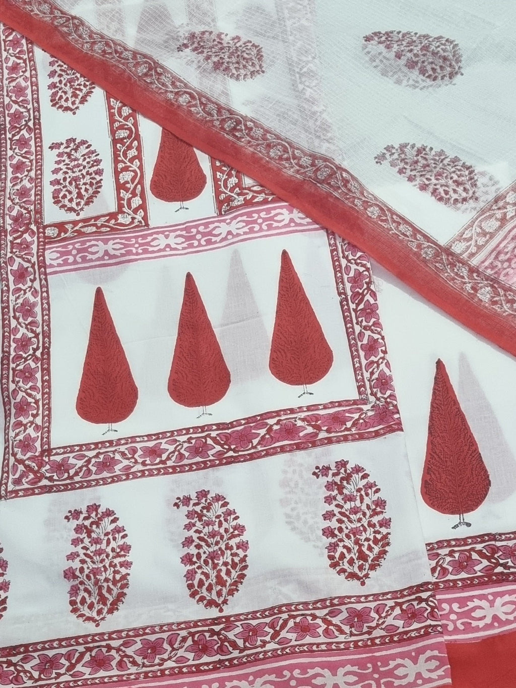 Red Gulmohar block print cotton kurta fabric with Kota Doria dupatta – fabric detail