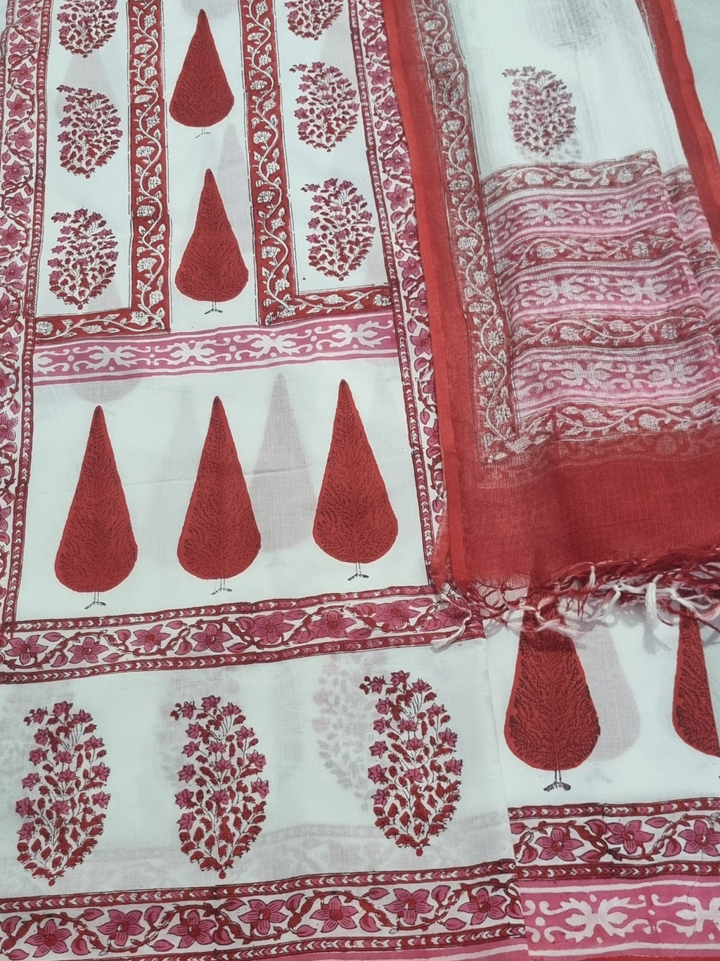 White and red placement block print unstitched suit set – top angle view