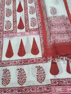 White and red placement block print unstitched suit set – top angle view