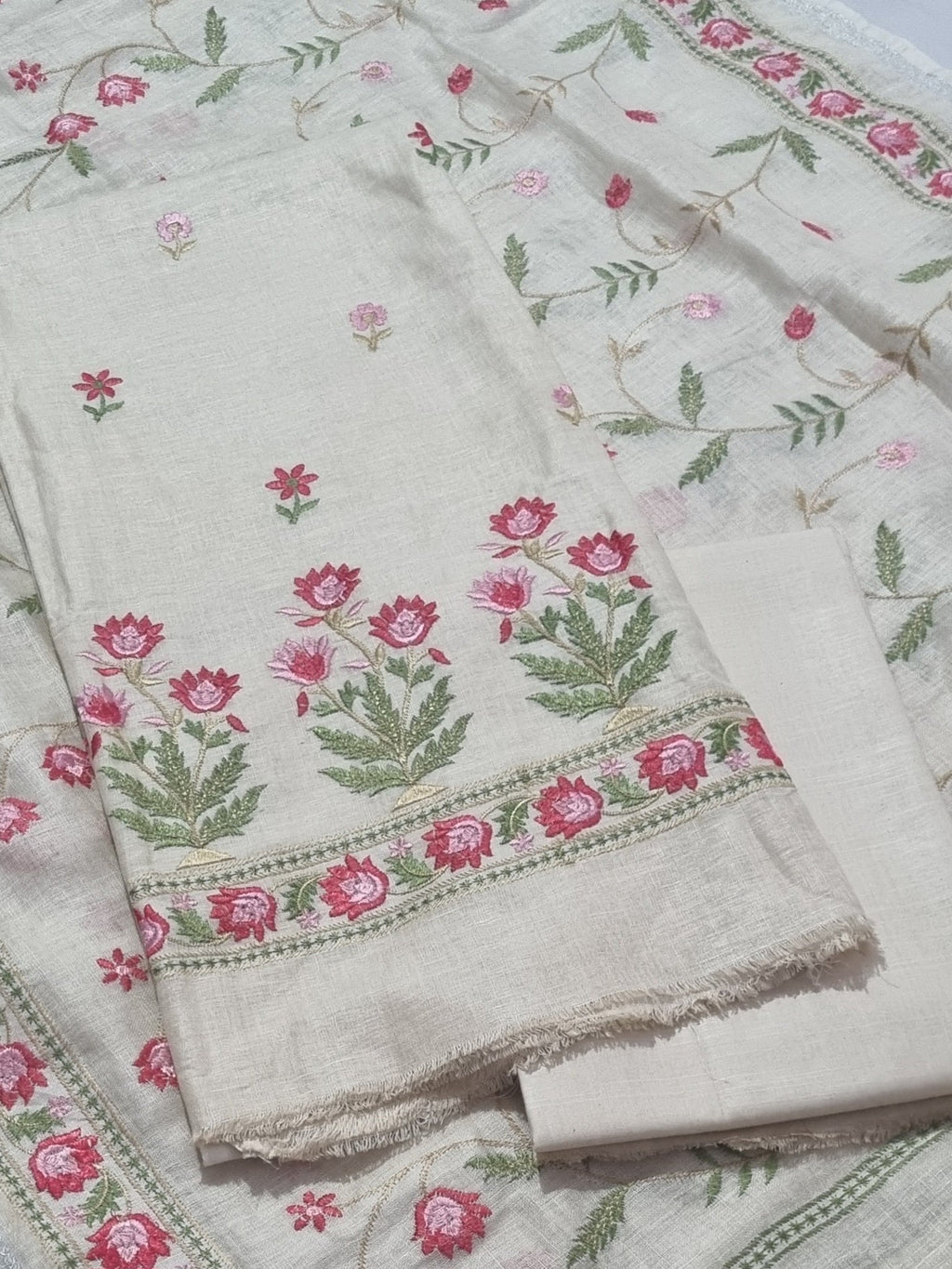Pale Yellow Linen Unstitched Suit Set – Floral Machine Embroidery Indian Handloom Fabric Detail