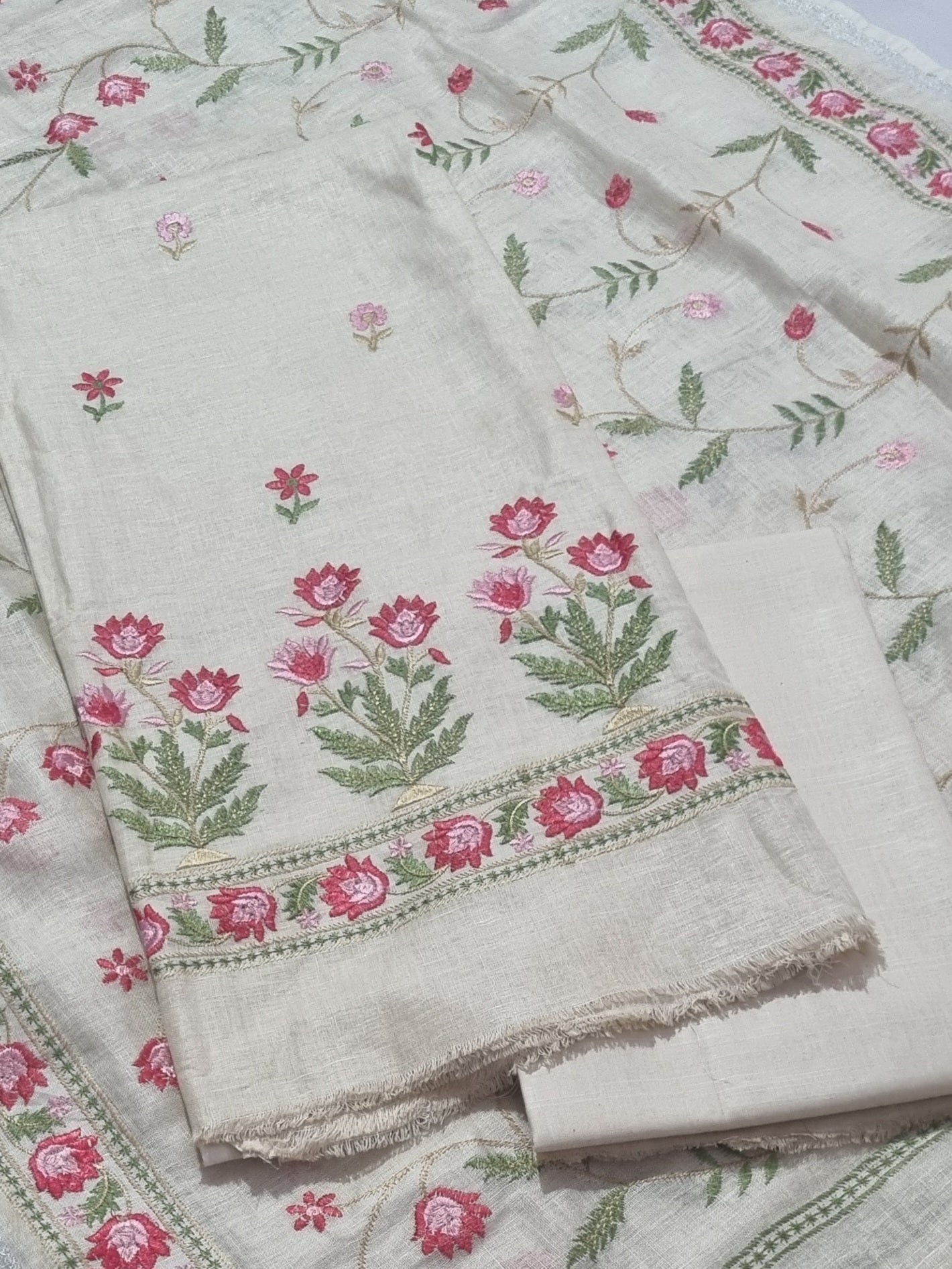 Pale Yellow Linen Unstitched Suit Set – Floral Machine Embroidery Indian Handloom Fabric Detail